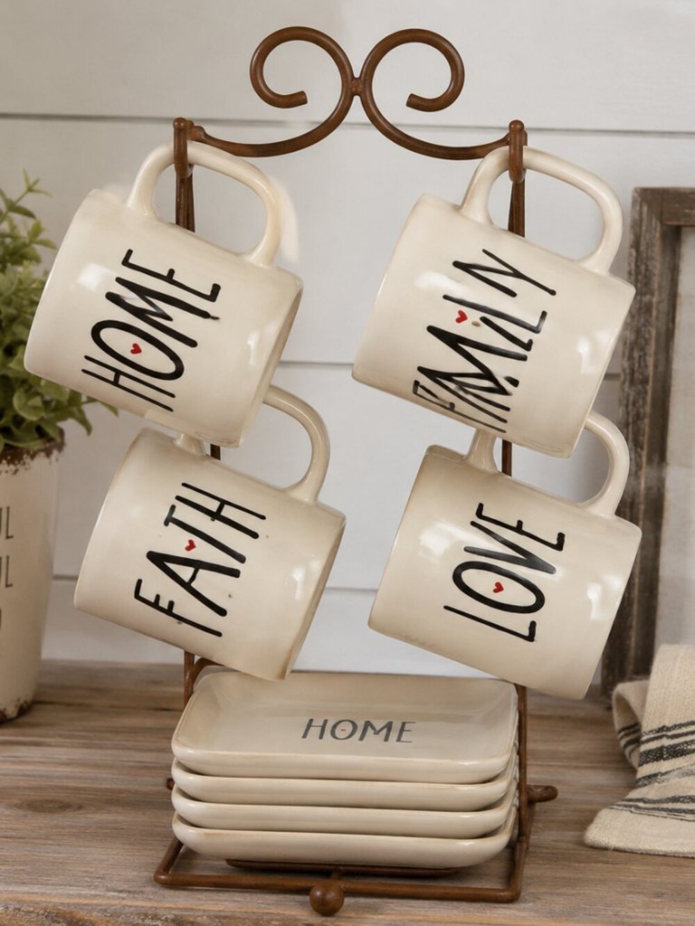 Cracker Barrel Stoneware Mug & Plate Set with Metal Caddy – Home Family Faith Lo